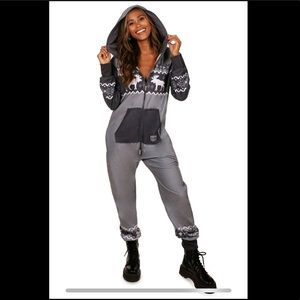 Black Grey Moose Jumpsuit onesie Pockets zip up S